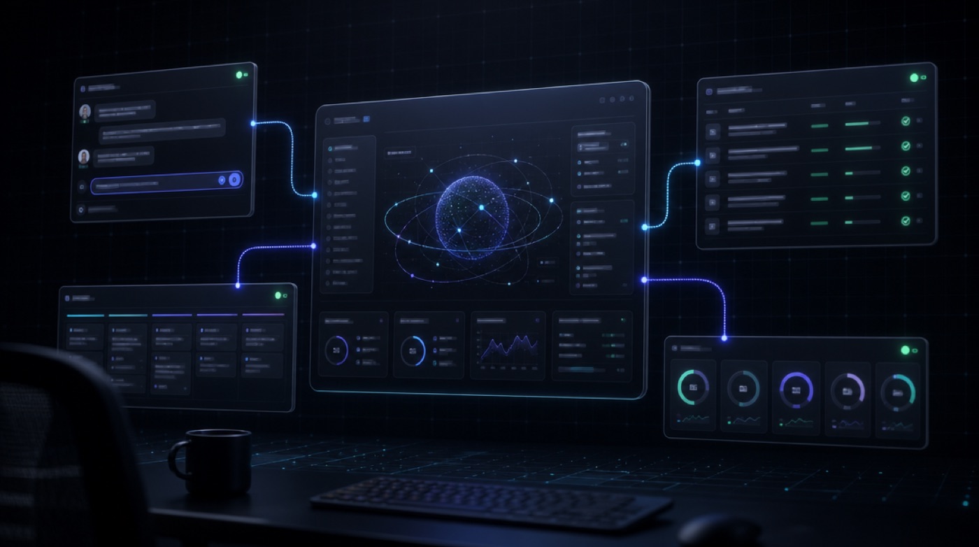 A mission-control hub where support, invoicing, pipeline and KPI panels run themselves on autopilot — an empty chair and a coffee mug in the foreground.