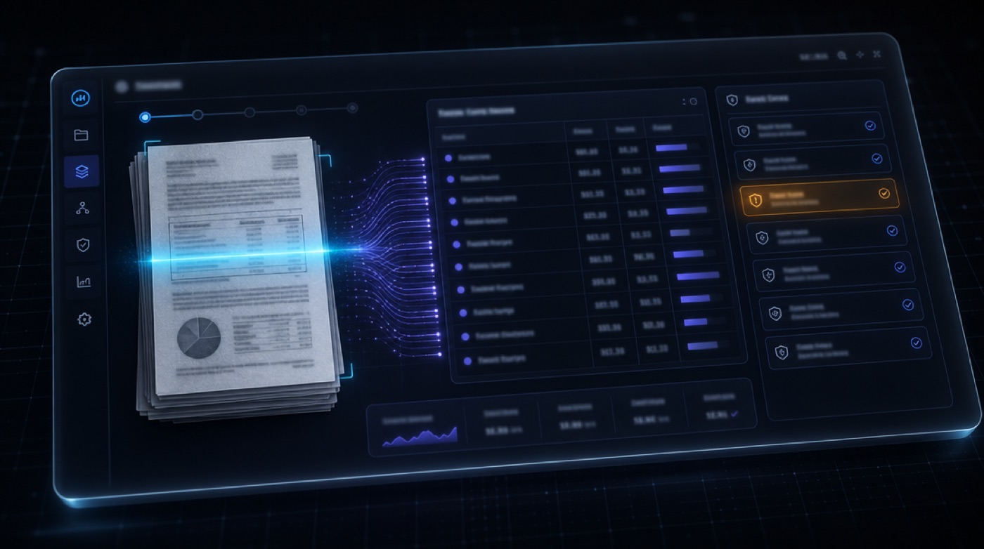 A diligence workspace: a stack of data-room documents scanned line-by-line, figures extracted into a summary table, risk flags raised in the margin.