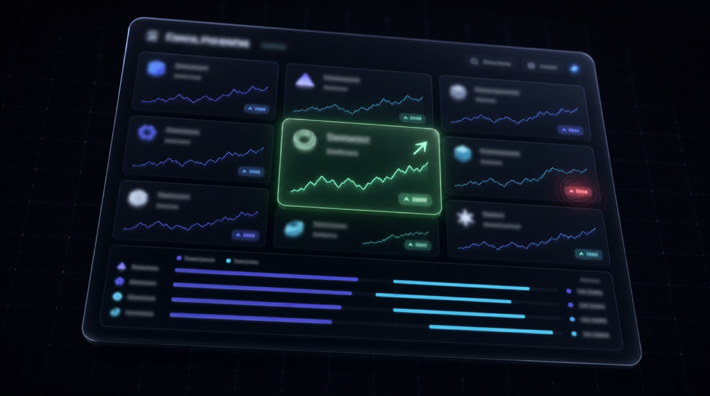 A portfolio dashboard: nine portfolio-company tiles with sparklines, one EBITDA card glowing green, benchmark bars below.