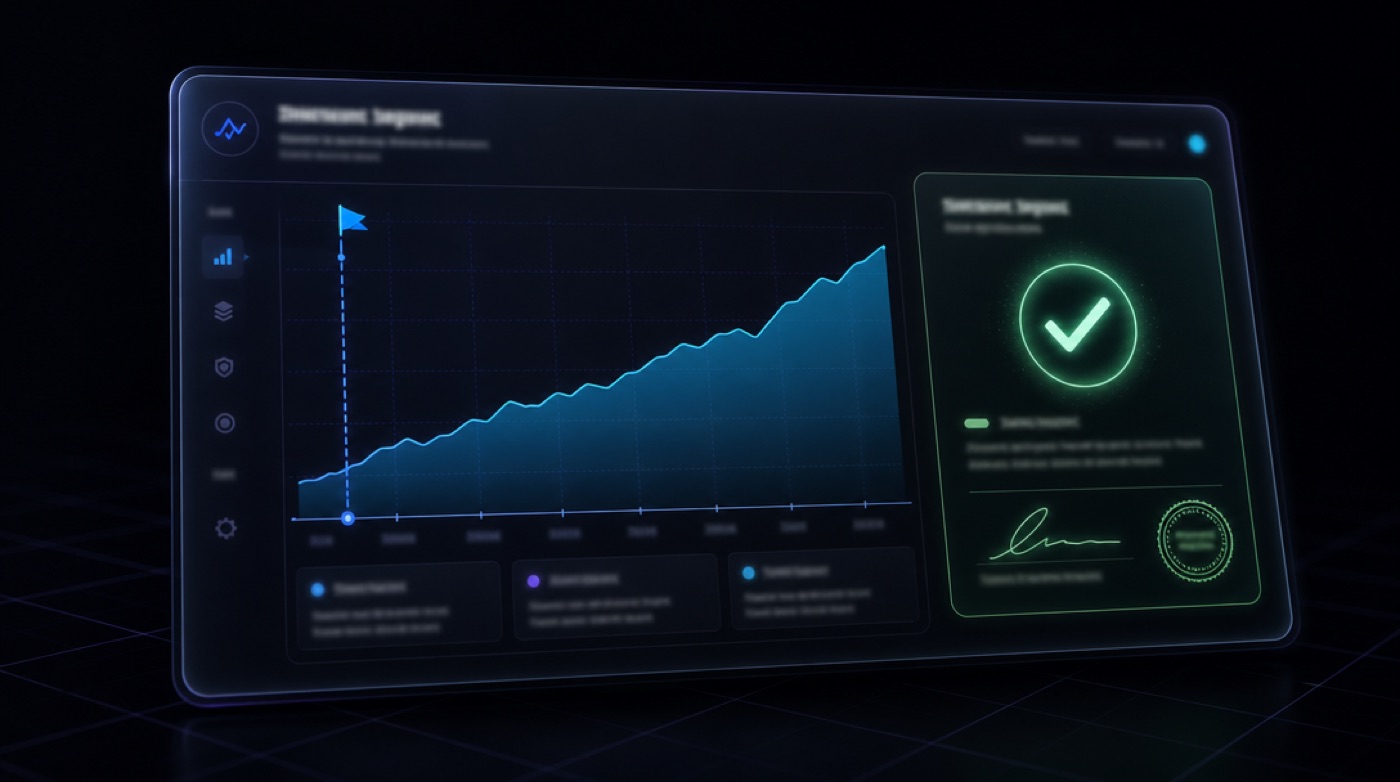 A measurement report: the day-one baseline pinned on a rising chart, and a signed-off metric card with a green check.