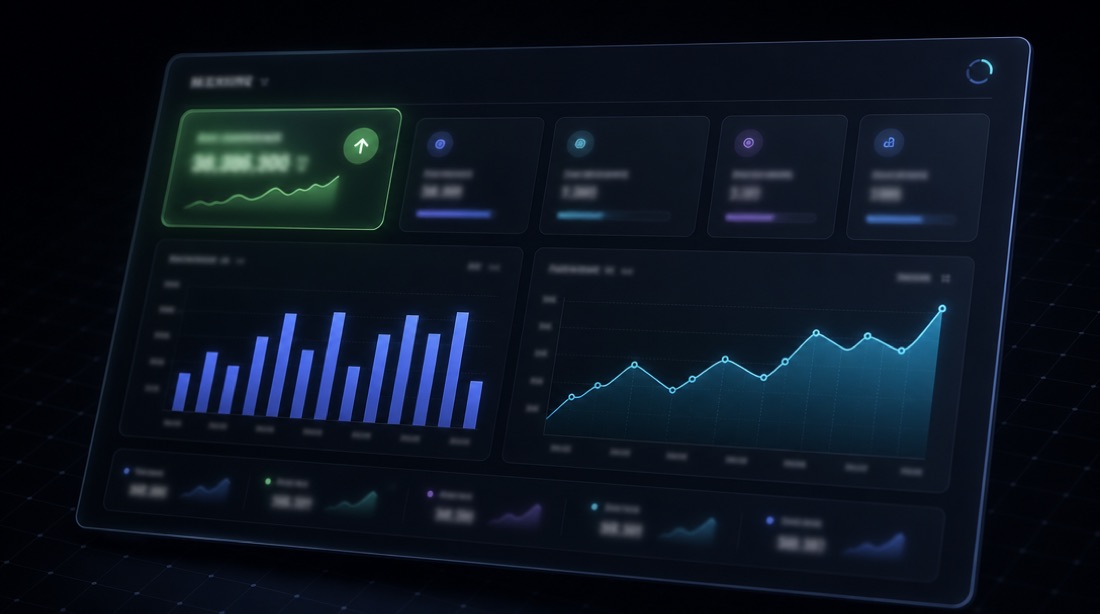 A KPI dashboard with charts and one metric glowing green