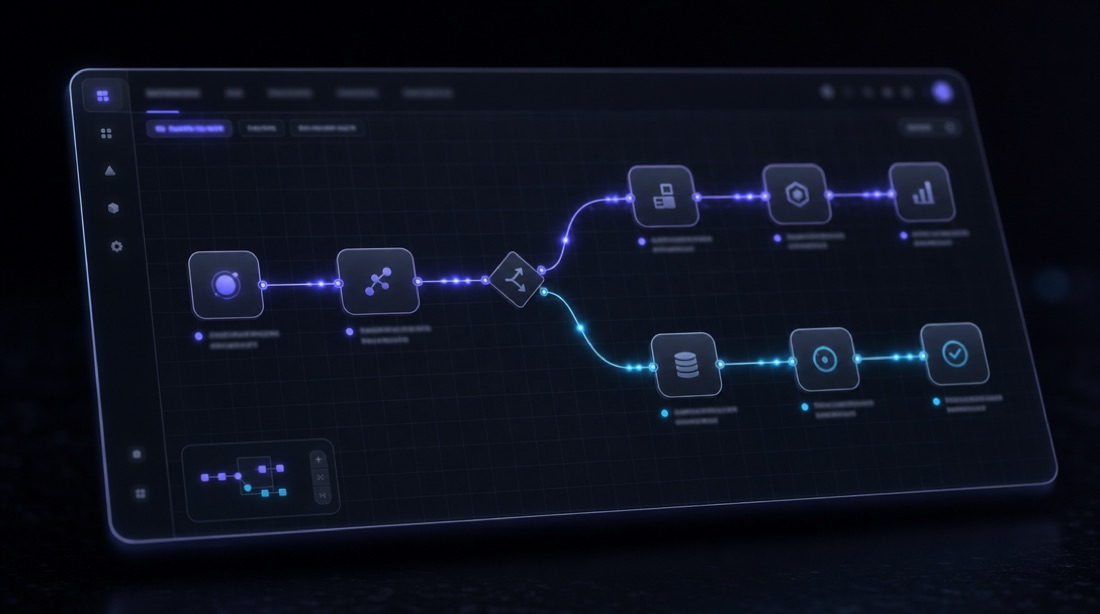 An automation canvas with data pulses flowing between connected apps