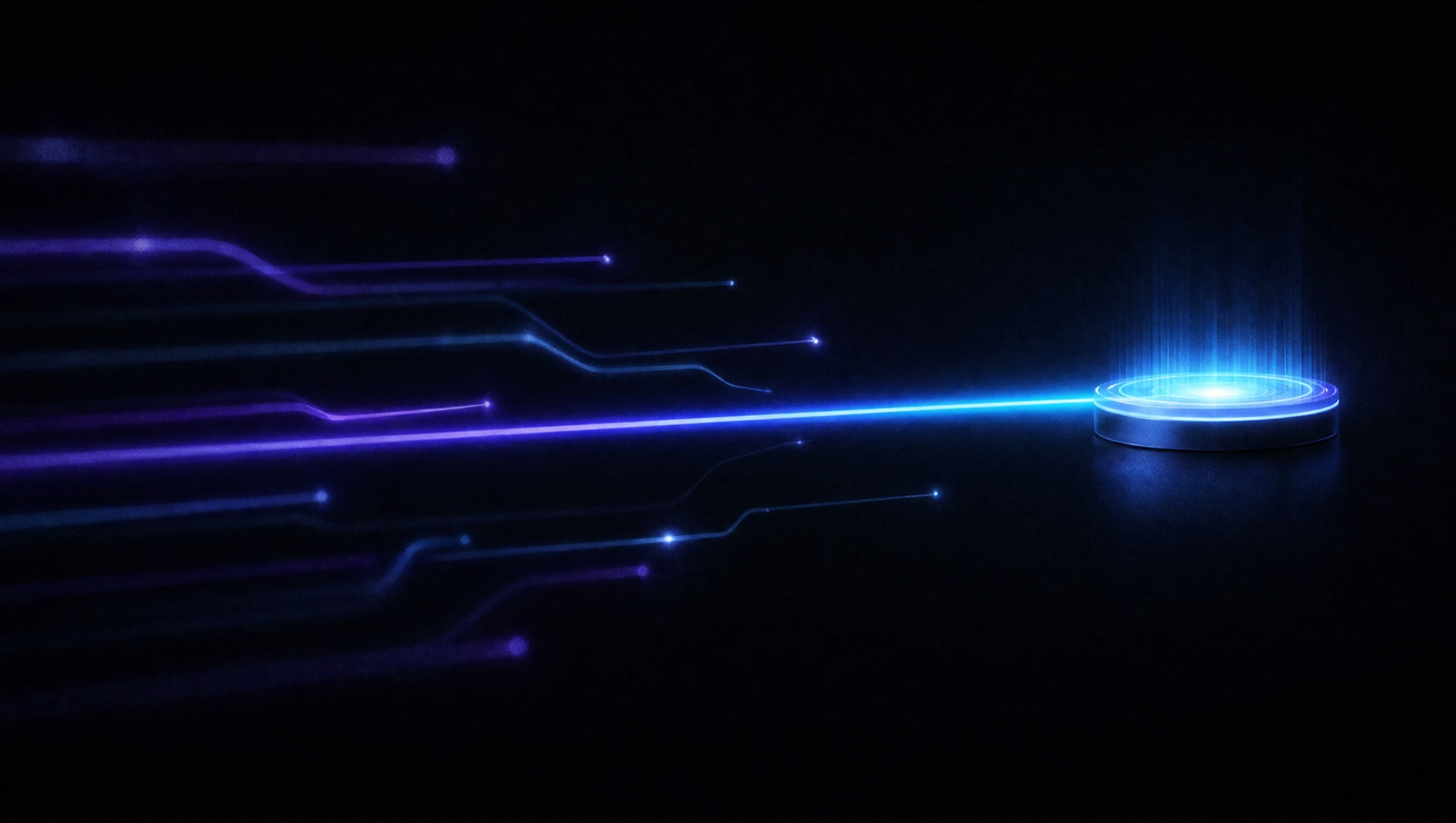 Several light paths stall or fork away while one clean path reaches the glowing destination.